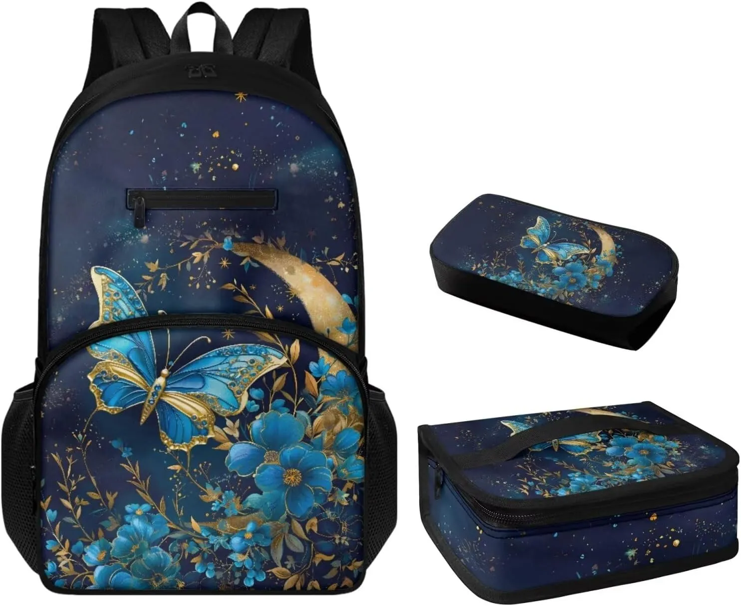 Blue Butterfly 3pcs Backpack Set Toddler Girl Backpack and Lunch Box Set,Protable Large Capacity Kids School Handbag Book Bag for Girls Fits Notebooks Lunch Box Water Bottles Phone
