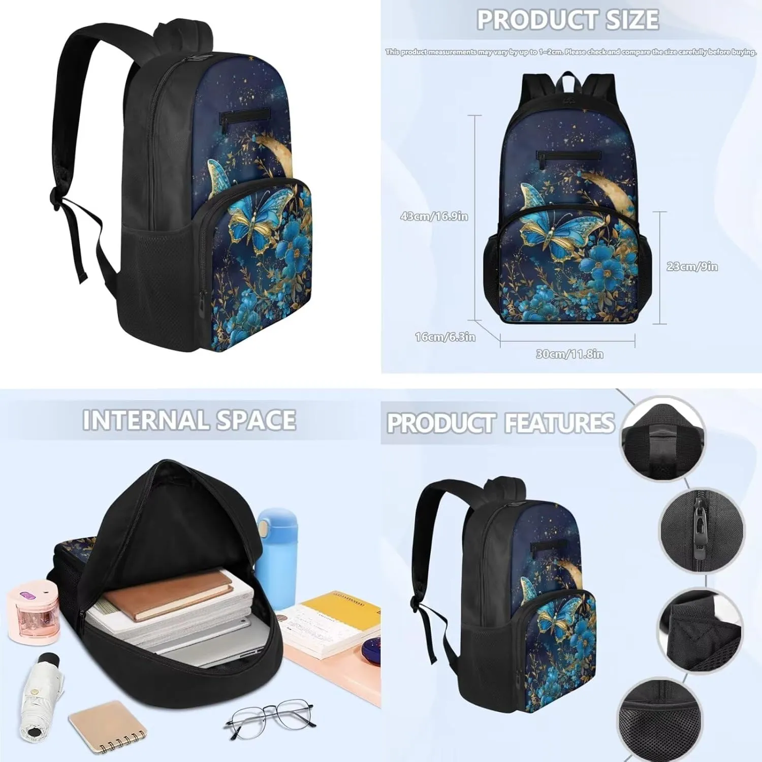 Blue Butterfly 3pcs Backpack Set Toddler Girl Backpack and Lunch Box Set,Protable Large Capacity Kids School Handbag Book Bag for Girls Fits Notebooks Lunch Box Water Bottles Phone