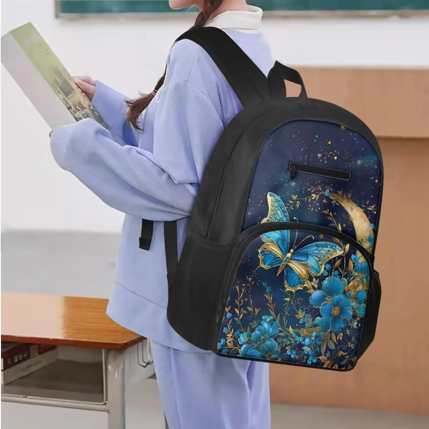 Blue Butterfly 3pcs Backpack Set Toddler Girl Backpack and Lunch Box Set,Protable Large Capacity Kids School Handbag Book Bag for Girls Fits Notebooks Lunch Box Water Bottles Phone