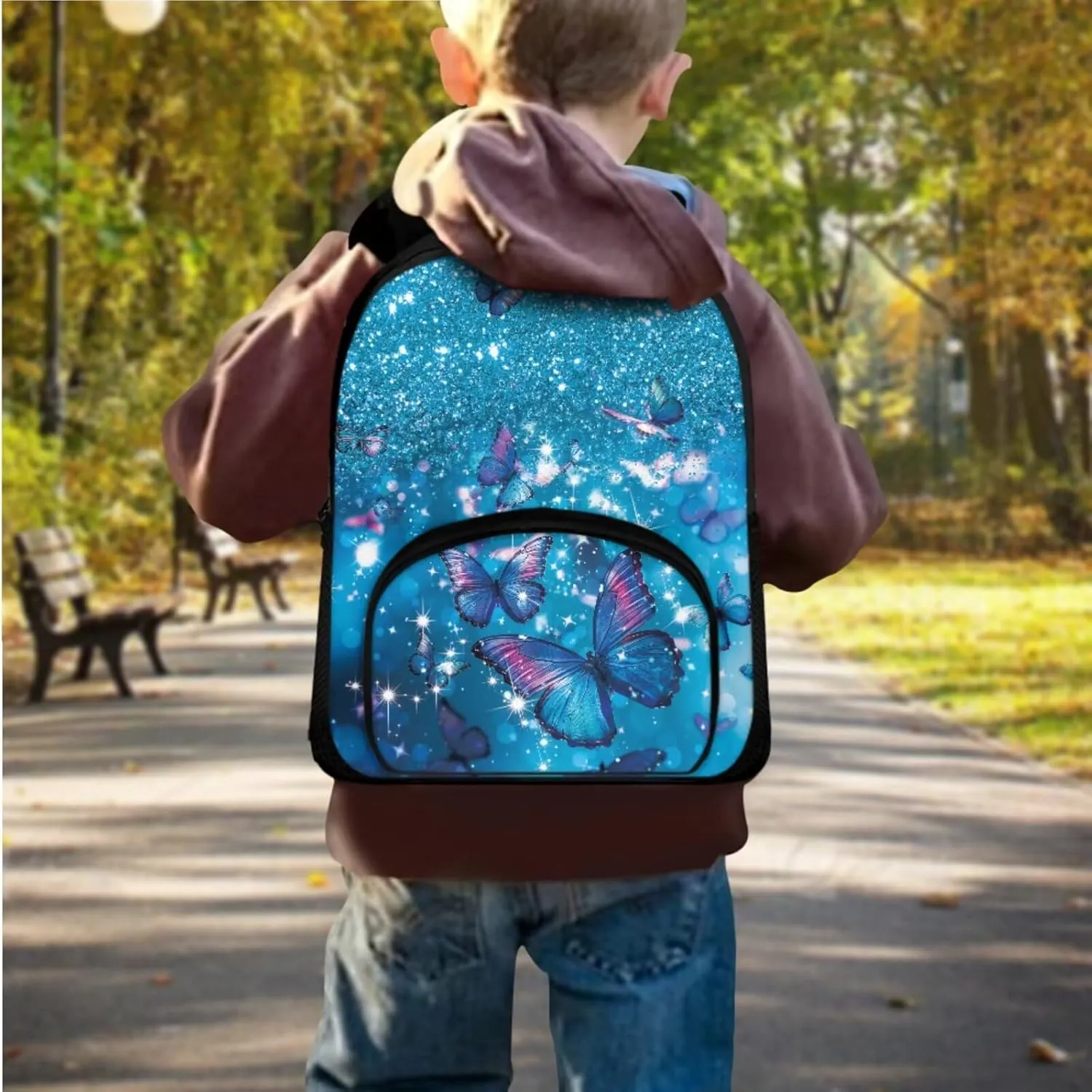 Blue Butterfly Kids Backpacks Girls 3 Piece Backpack Set with Lunch Box Cute Pencil Case Bookbag with 1 Main Compartment Birthday/Christmas Gift for Kids Toddlers 3-5