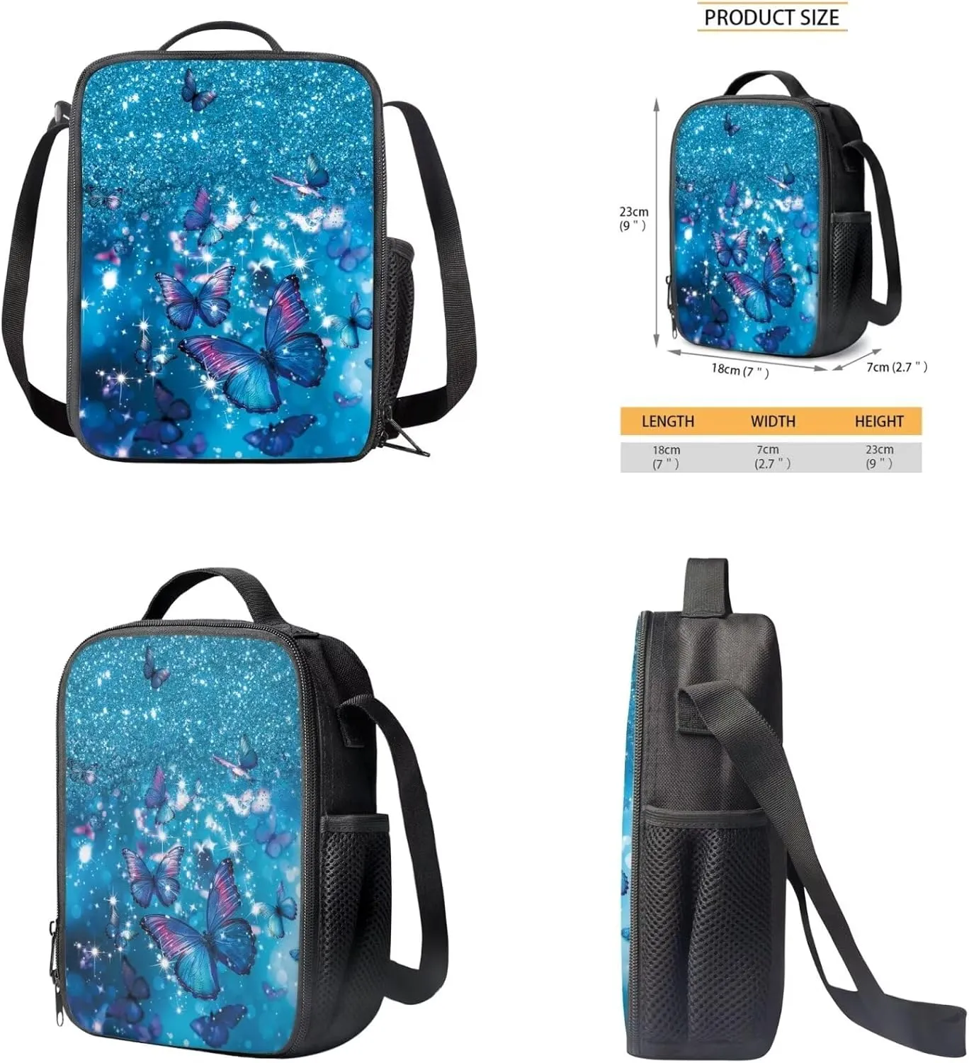 Blue Butterfly Kids Backpacks Girls 3 Piece Backpack Set with Lunch Box Cute Pencil Case Bookbag with 1 Main Compartment Birthday/Christmas Gift for Kids Toddlers 3-5