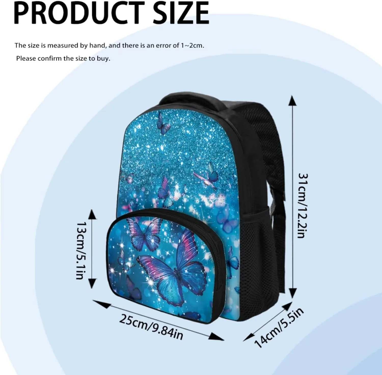 Blue Butterfly Kids Backpacks Girls 3 Piece Backpack Set with Lunch Box Cute Pencil Case Bookbag with 1 Main Compartment Birthday/Christmas Gift for Kids Toddlers 3-5