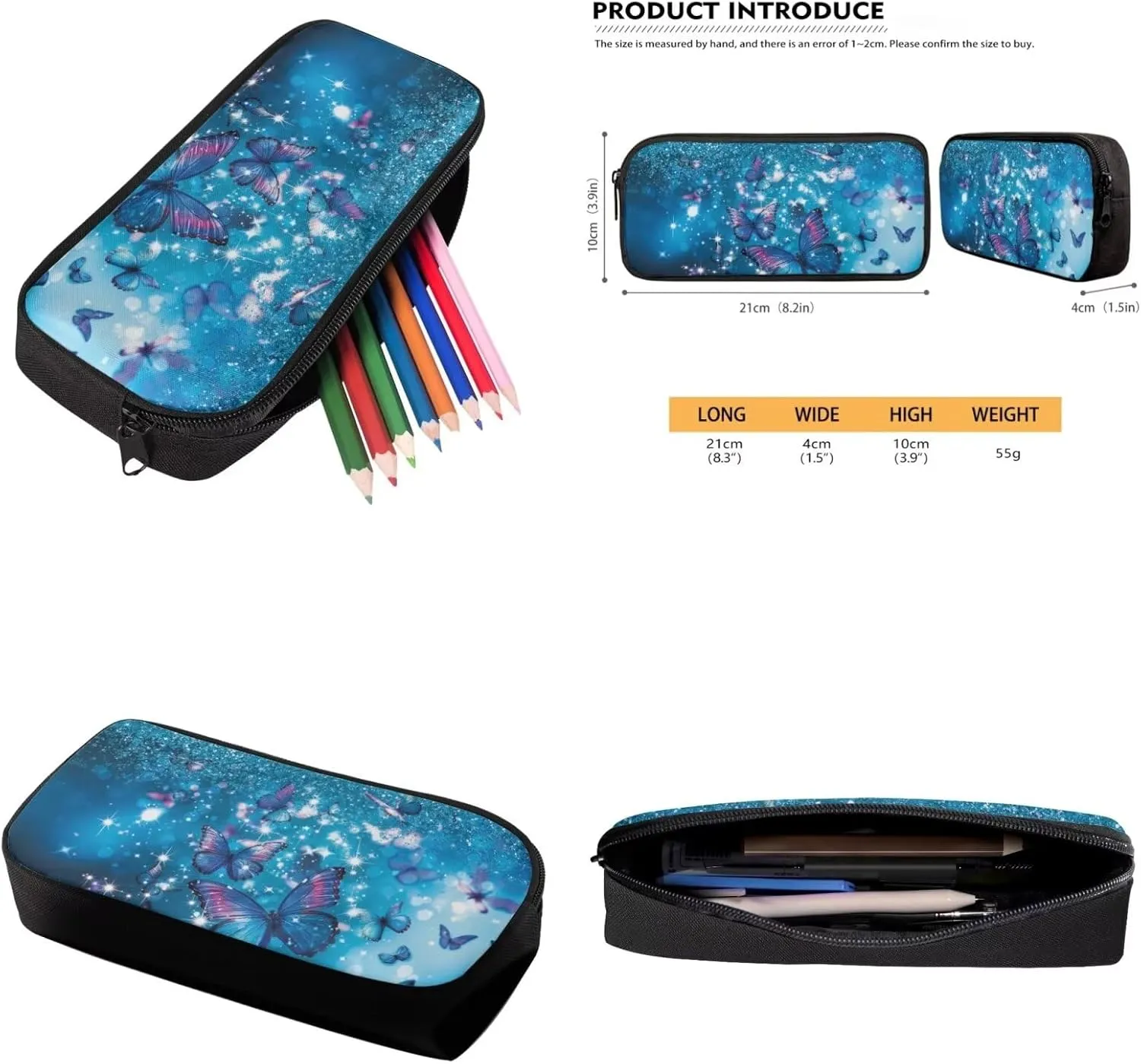 Blue Butterfly Kids Backpacks Girls 3 Piece Backpack Set with Lunch Box Cute Pencil Case Bookbag with 1 Main Compartment Birthday/Christmas Gift for Kids Toddlers 3-5