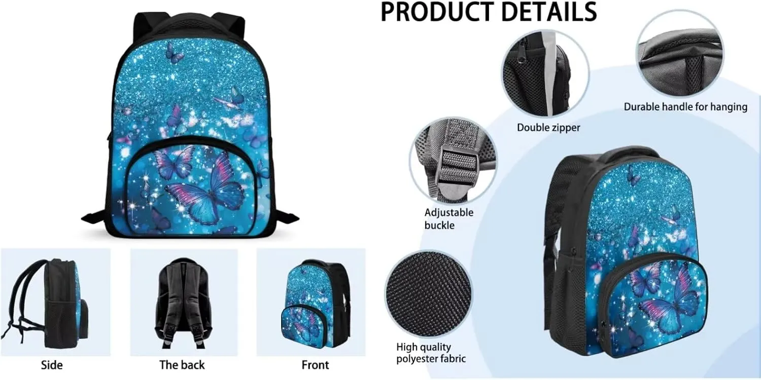 Blue Butterfly Kids Backpacks Girls 3 Piece Backpack Set with Lunch Box Cute Pencil Case Bookbag with 1 Main Compartment Birthday/Christmas Gift for Kids Toddlers 3-5