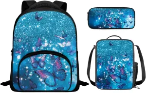 Blue Butterfly Kids Backpacks Girls 3 Piece Backpack Set with Lunch Box Cute Pencil Case Bookbag with 1 Main Compartment Birthday/Christmas Gift for Kids Toddlers 3-5