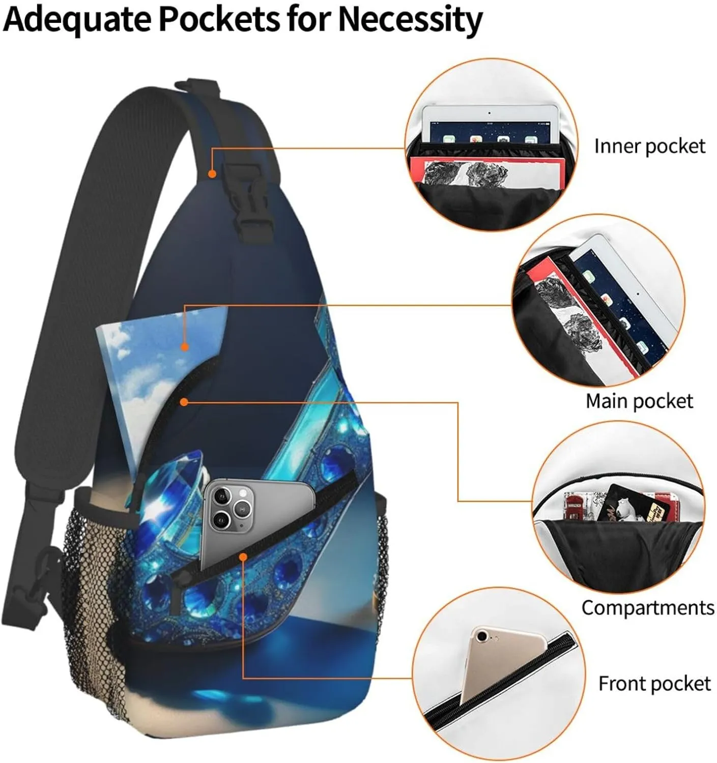 Blue Crystal Shoes Sling Bag Backpack For Men Cross Chest Bag Crossbody Shoulder Bag Travel Hiking Daypack