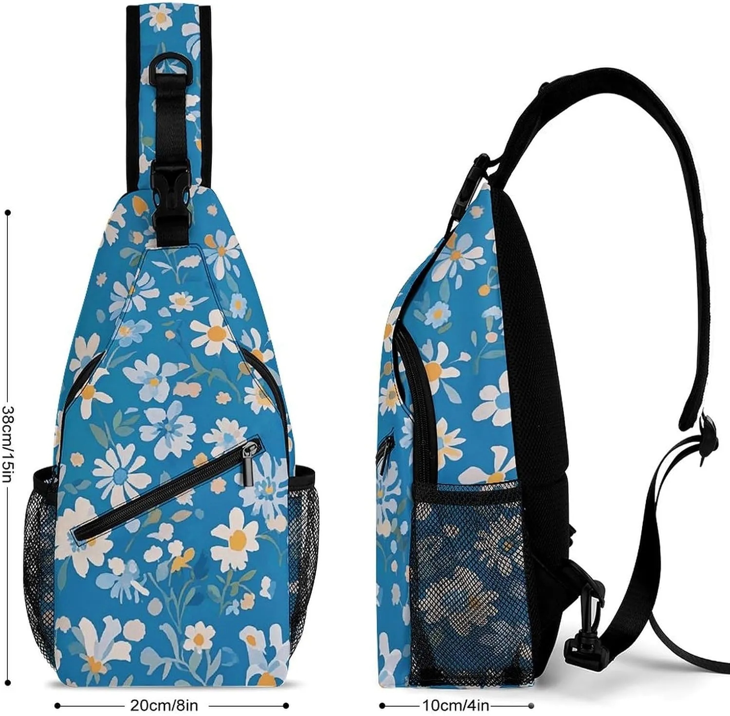 Blue Floral Sling Bag Lightweight Crossbody Chest Pack Travel Shoulder Bag with Adjustable Strap