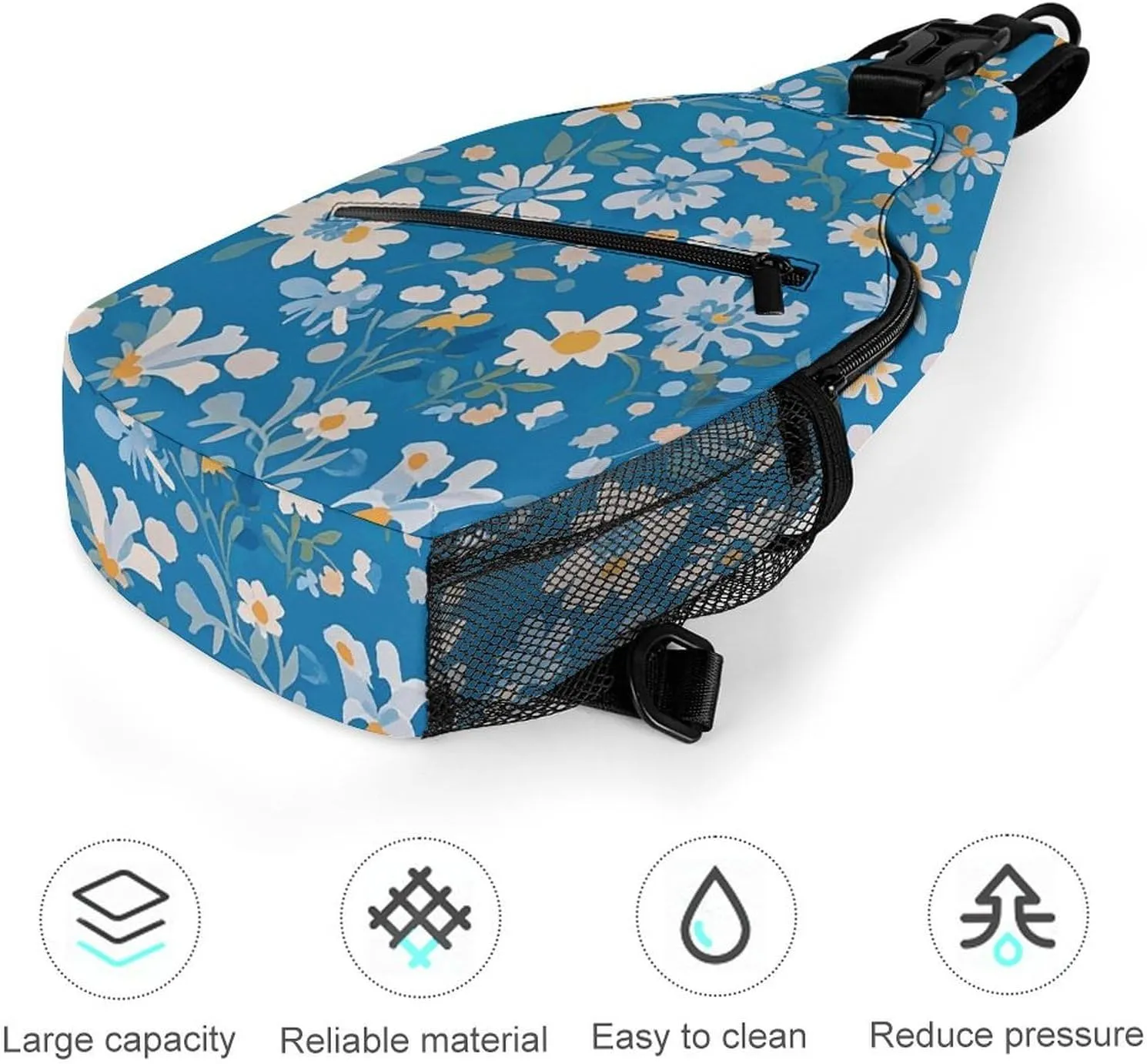 Blue Floral Sling Bag Lightweight Crossbody Chest Pack Travel Shoulder Bag with Adjustable Strap