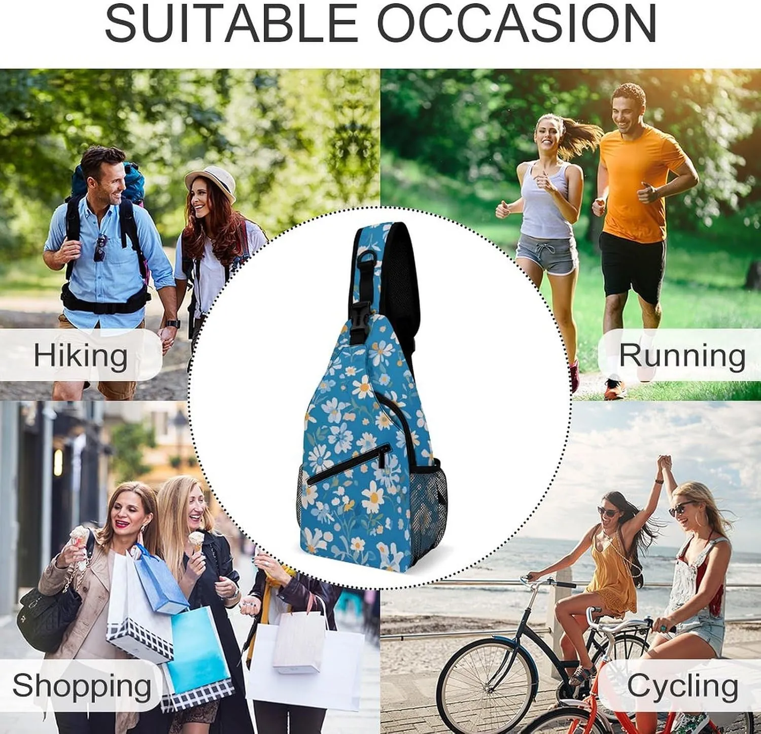 Blue Floral Sling Bag Lightweight Crossbody Chest Pack Travel Shoulder Bag with Adjustable Strap