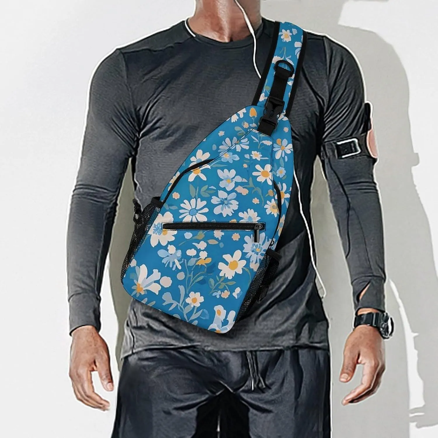Blue Floral Sling Bag Lightweight Crossbody Chest Pack Travel Shoulder Bag with Adjustable Strap