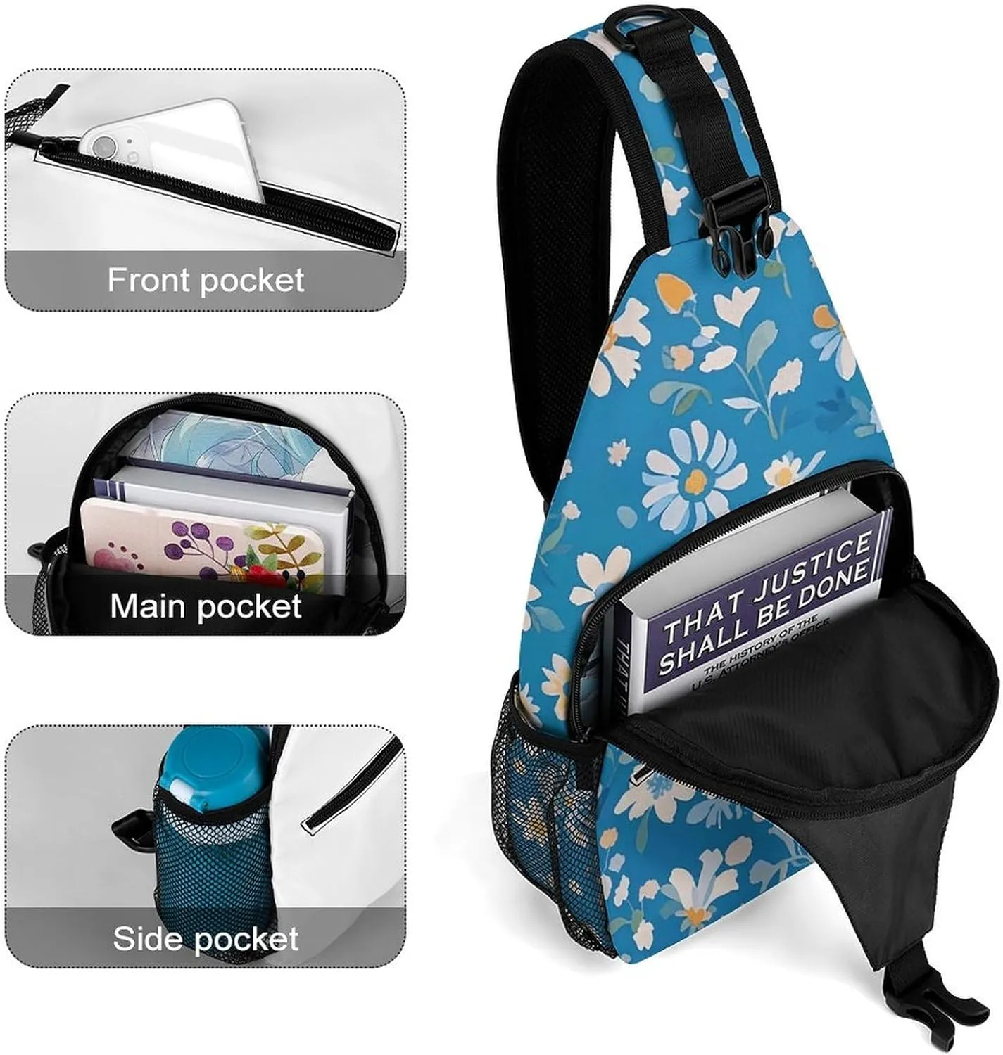 Blue Floral Sling Bag Lightweight Crossbody Chest Pack Travel Shoulder Bag with Adjustable Strap