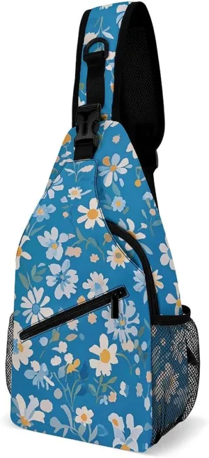 Blue Floral Sling Bag Lightweight Crossbody Chest Pack Travel Shoulder Bag with Adjustable Strap