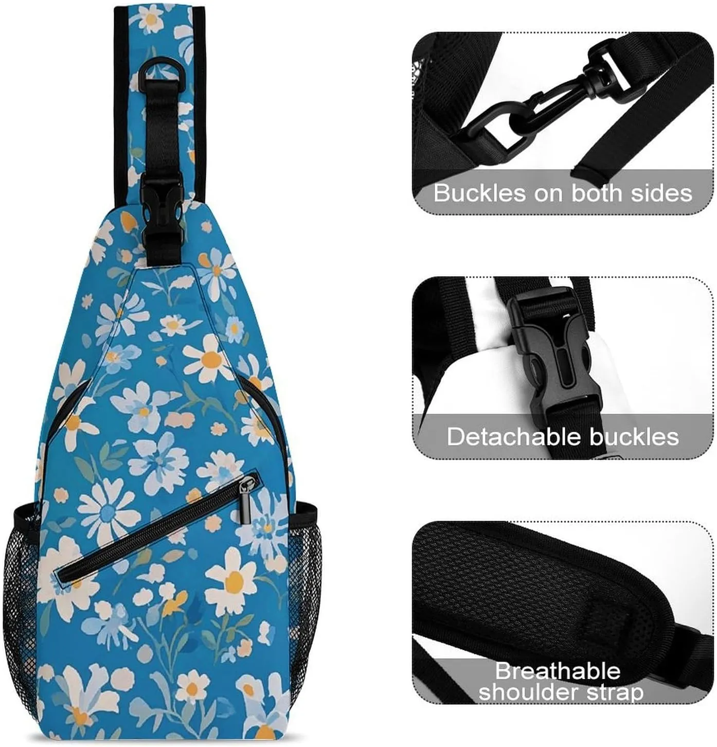 Blue Floral Sling Bag Lightweight Crossbody Chest Pack Travel Shoulder Bag with Adjustable Strap