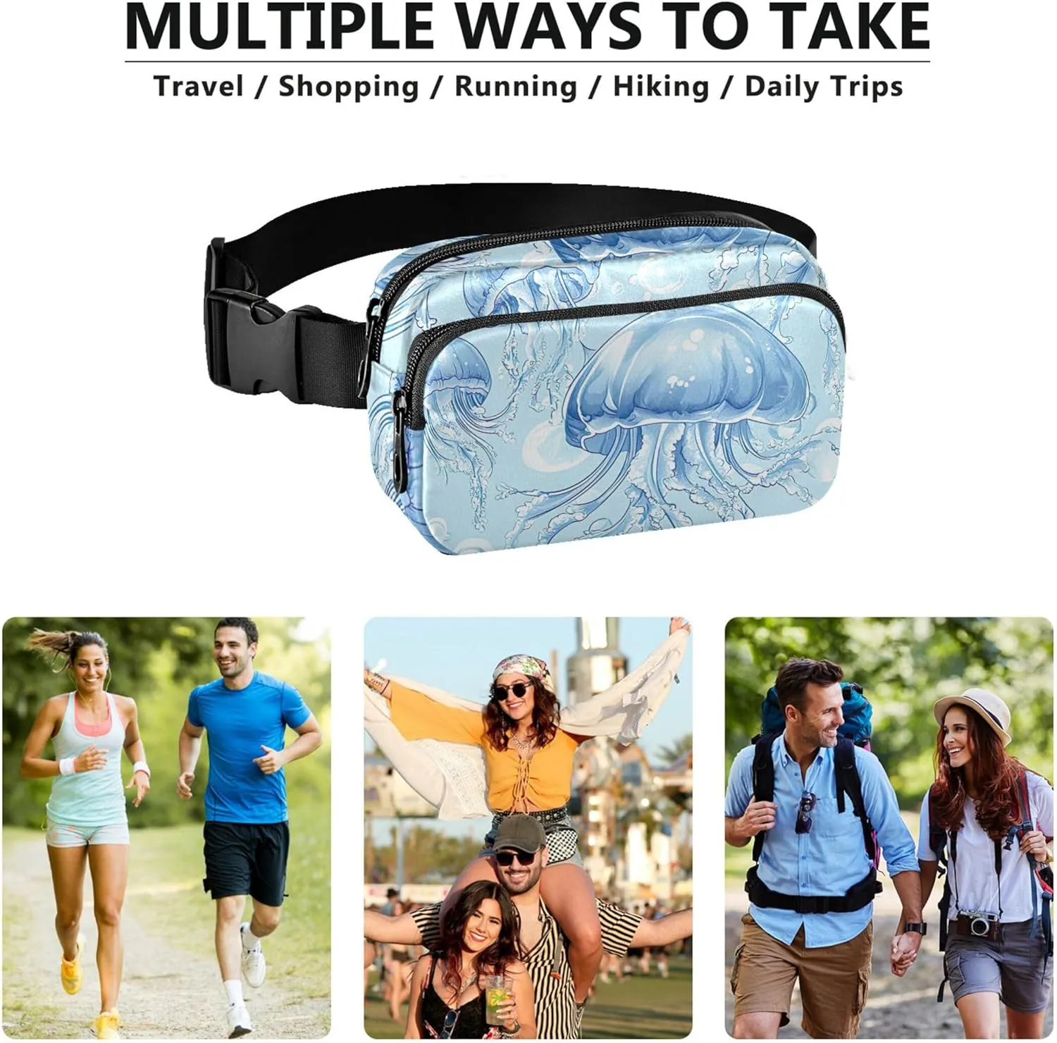 Blue Jellyfish Womens Fanny Pack Waterproof Belt Bag Hip Pack Bright Color Waist Pouches for Men