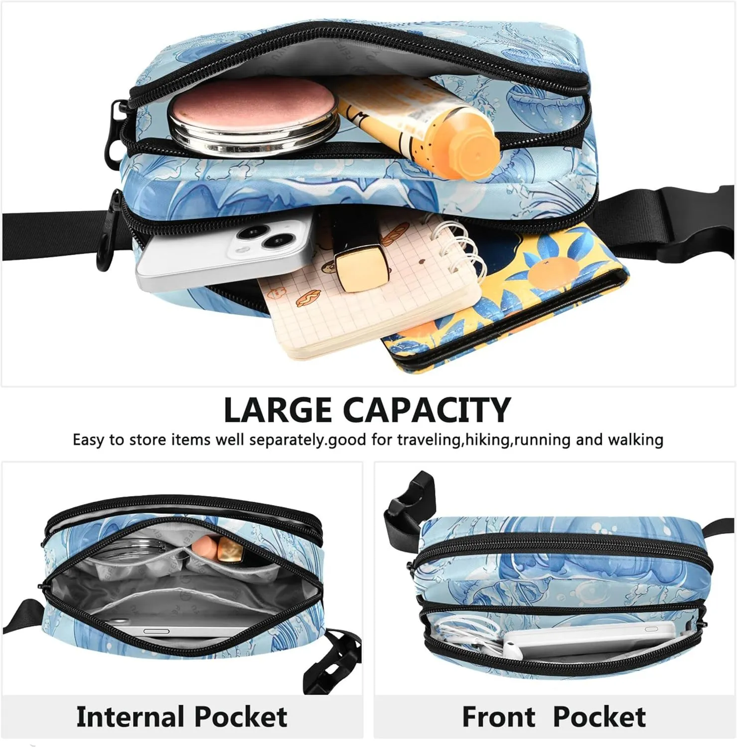 Blue Jellyfish Womens Fanny Pack Waterproof Belt Bag Hip Pack Bright Color Waist Pouches for Men