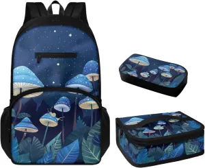 Blue Mushroom Backpack Set for Little Girls Boys Kids with Insulated Lunch Box Cute Pencil Case Daypack Shoulder Bags Portable Contain Main Compartment,2 Front and Side Pocket