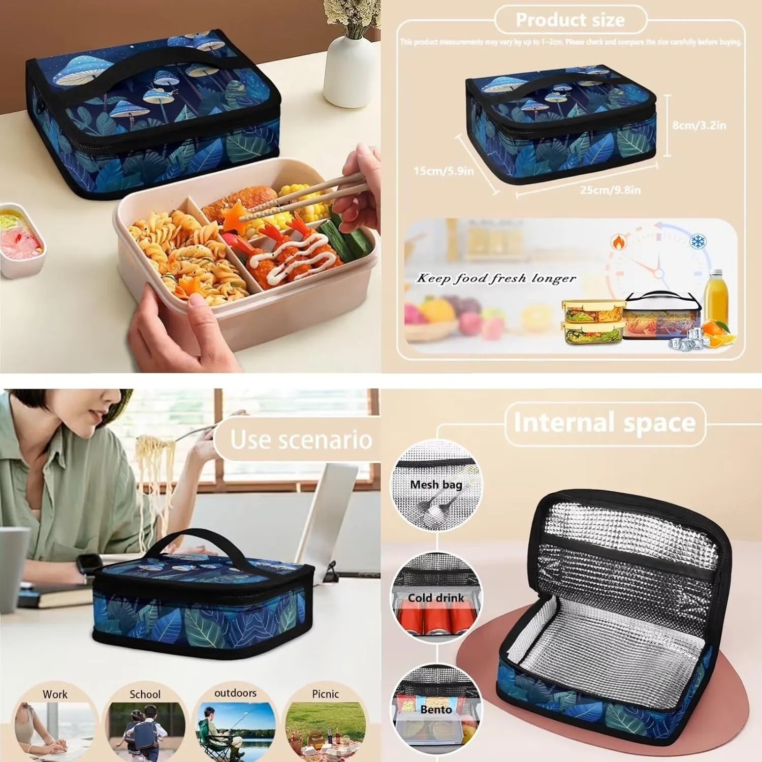 Blue Mushroom Backpack Set for Little Girls Boys Kids with Insulated Lunch Box Cute Pencil Case Daypack Shoulder Bags Portable Contain Main Compartment,2 Front and Side Pocket