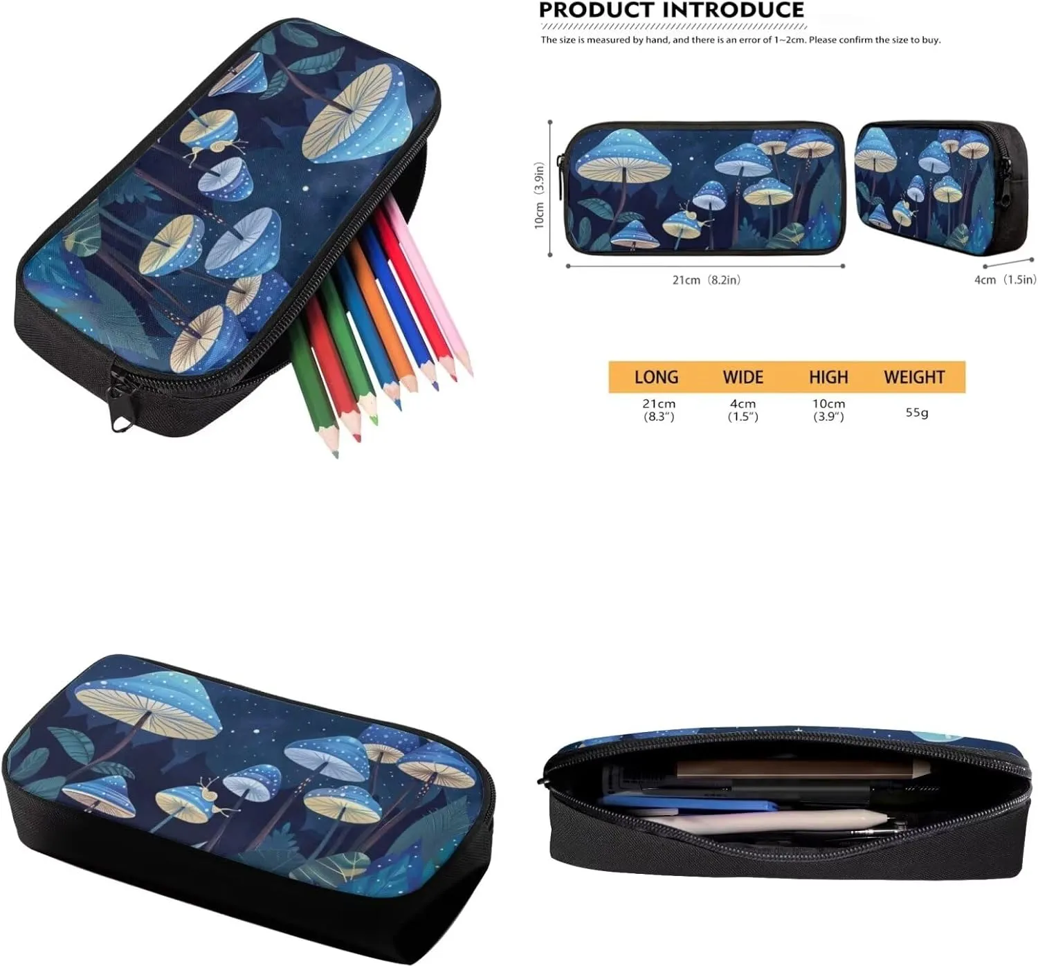 Blue Mushroom Backpack Set for Little Girls Boys Kids with Insulated Lunch Box Cute Pencil Case Daypack Shoulder Bags Portable Contain Main Compartment,2 Front and Side Pocket