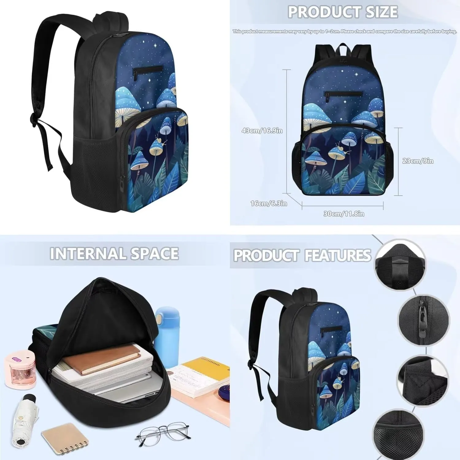 Blue Mushroom Backpack Set for Little Girls Boys Kids with Insulated Lunch Box Cute Pencil Case Daypack Shoulder Bags Portable Contain Main Compartment,2 Front and Side Pocket