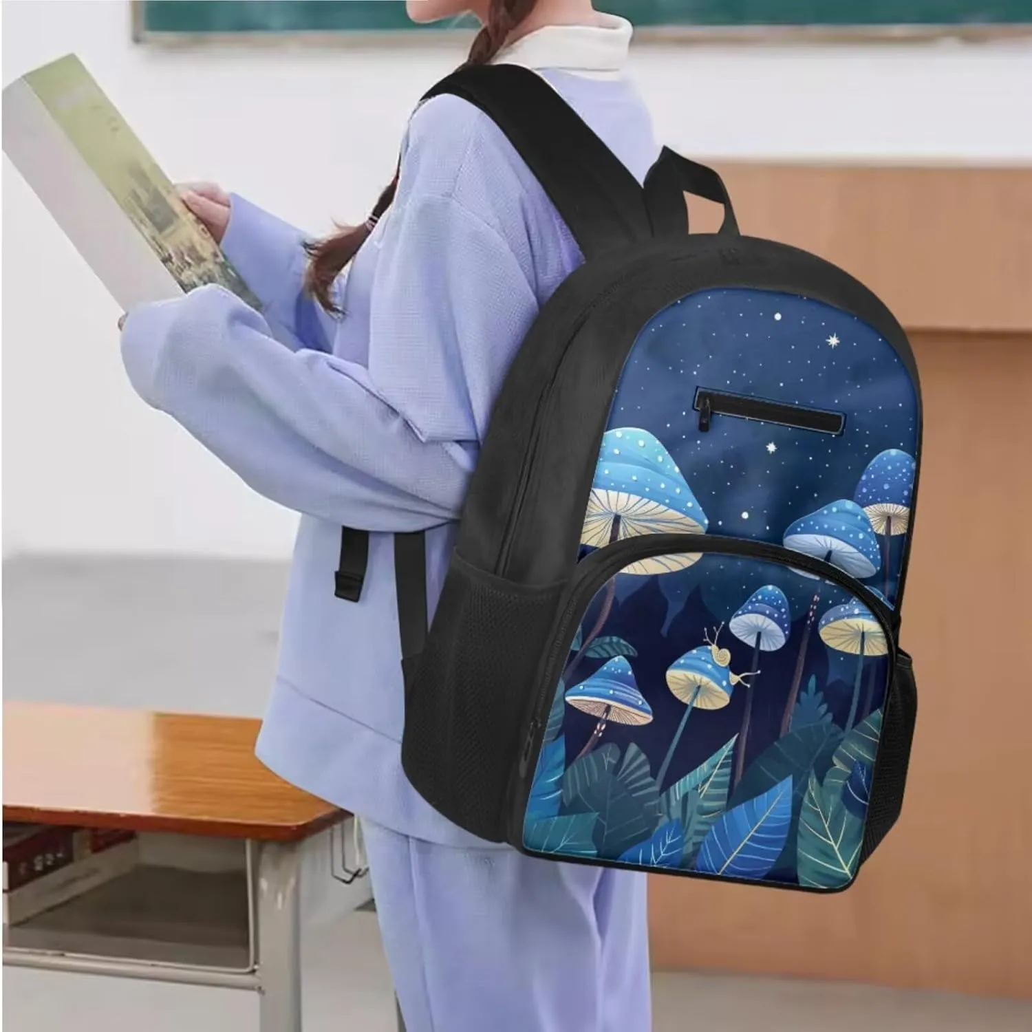 Blue Mushroom Backpack Set for Little Girls Boys Kids with Insulated Lunch Box Cute Pencil Case Daypack Shoulder Bags Portable Contain Main Compartment,2 Front and Side Pocket