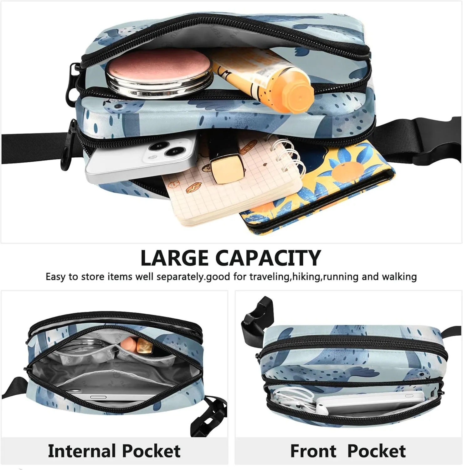 Blue Seal Ocean Print Womens Fanny Pack Waterproof Belt Bag Hip Pack Bright Crossbody Waist Purse