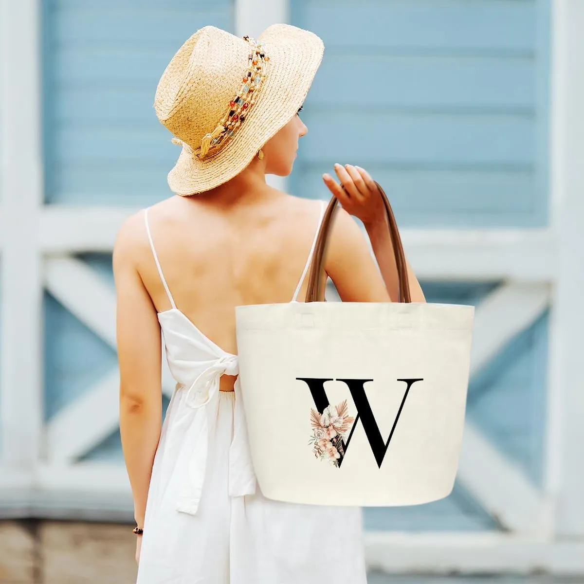 Boho Monogram Initial W Tote Bags for Women, Personalized Canvas Tote Bags Monogrammed Gifts for Women Birthday Wedding Gifts for Mom Sister Teacher Friend Bridesmaid, Beach Bag Shopping Handbag -ZM21