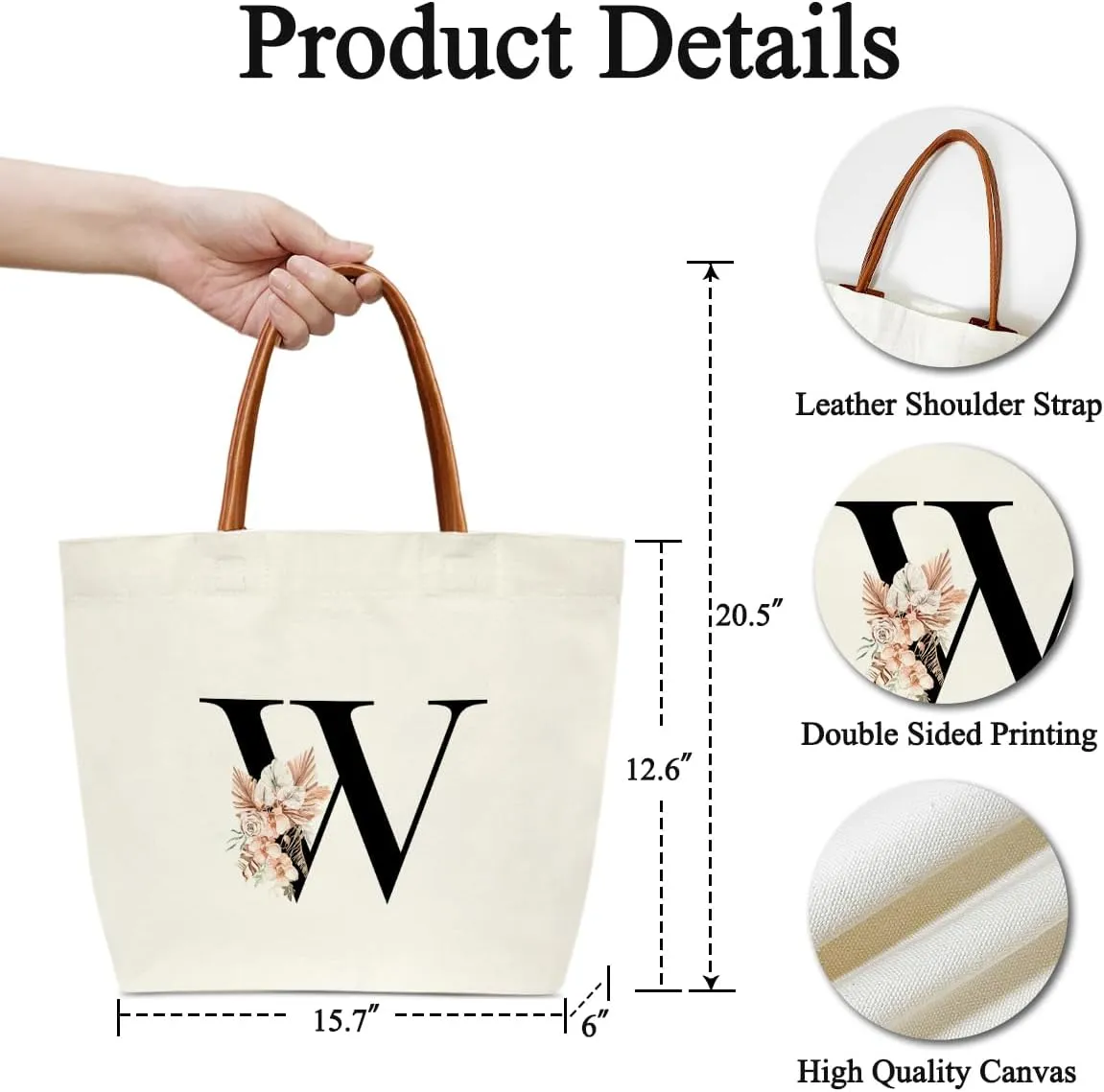 Boho Monogram Initial W Tote Bags for Women, Personalized Canvas Tote Bags Monogrammed Gifts for Women Birthday Wedding Gifts for Mom Sister Teacher Friend Bridesmaid, Beach Bag Shopping Handbag -ZM21