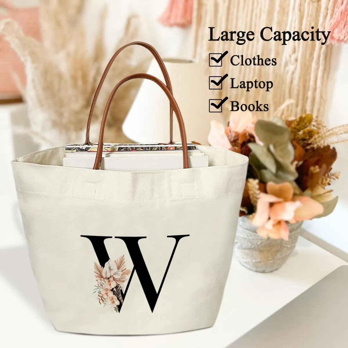 Boho Monogram Initial W Tote Bags for Women, Personalized Canvas Tote Bags Monogrammed Gifts for Women Birthday Wedding Gifts for Mom Sister Teacher Friend Bridesmaid, Beach Bag Shopping Handbag -ZM21