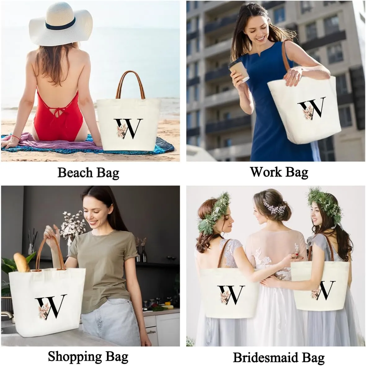 Boho Monogram Initial W Tote Bags for Women, Personalized Canvas Tote Bags Monogrammed Gifts for Women Birthday Wedding Gifts for Mom Sister Teacher Friend Bridesmaid, Beach Bag Shopping Handbag -ZM21