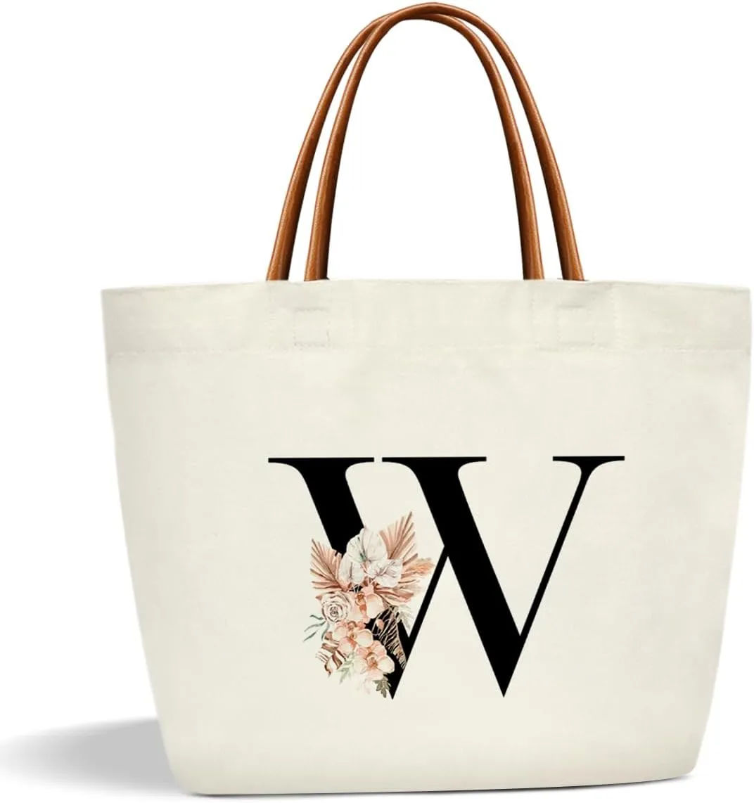 Boho Monogram Initial W Tote Bags for Women, Personalized Canvas Tote Bags Monogrammed Gifts for Women Birthday Wedding Gifts for Mom Sister Teacher Friend Bridesmaid, Beach Bag Shopping Handbag -ZM21