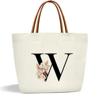 Boho Monogram Initial W Tote Bags for Women, Personalized Canvas Tote Bags Monogrammed Gifts for Women Birthday Wedding Gifts for Mom Sister Teacher Friend Bridesmaid, Beach Bag Shopping Handbag -ZM21
