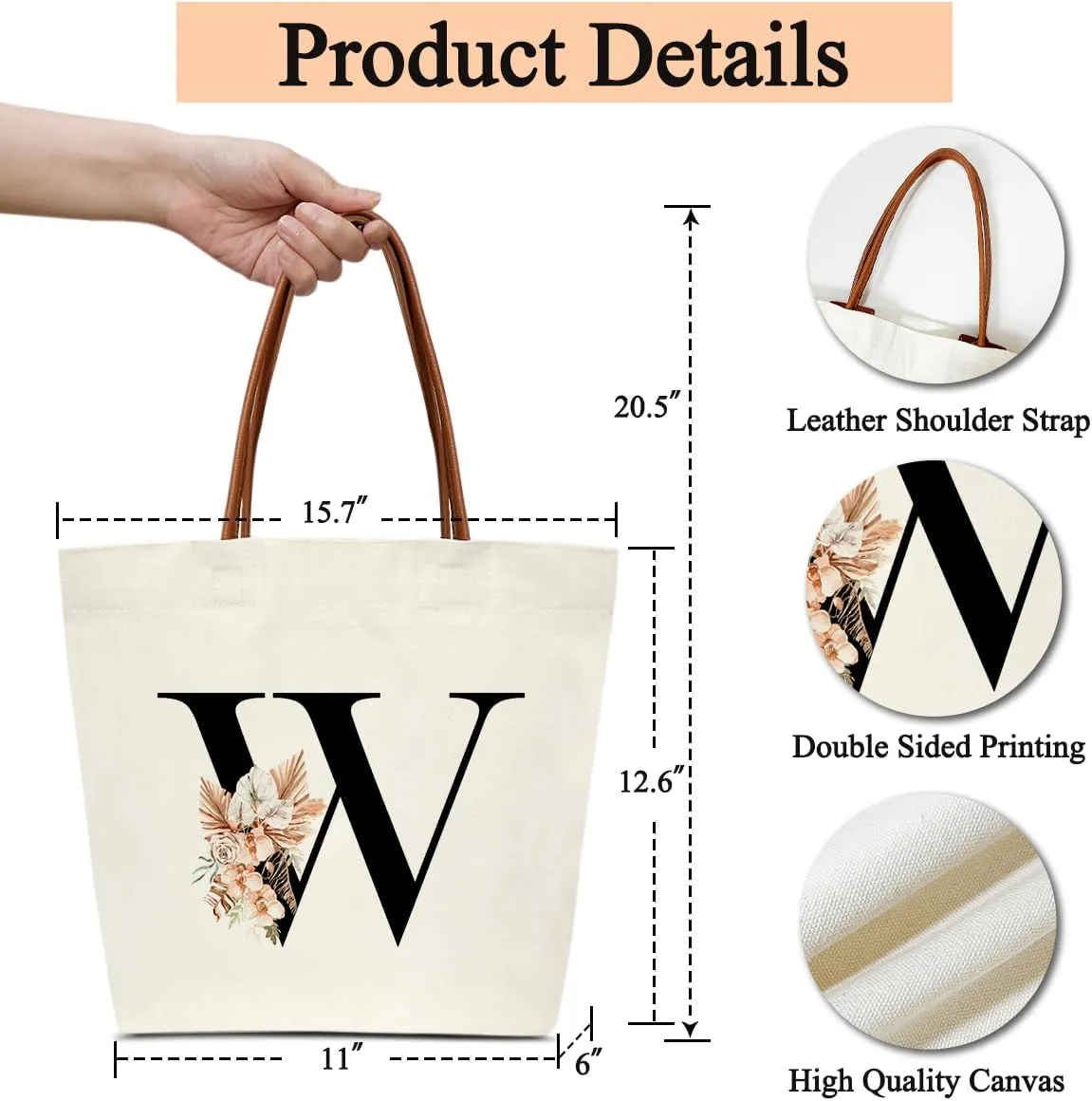 Boho Monogram Initial W Tote Bags for Women, Personalized Canvas Tote Bags Monogrammed Gifts for Women Birthday Wedding Gifts for Mom Sister Teacher Friend Bridesmaid, Beach Bag Shopping Handbag -ZM21