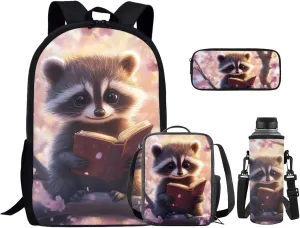 Book Raccoon 5th Grade Backpack for Girls Bookbags with Lunch Box Bottle Sleeve Pencil Case Middle School Backpacks for Teen Girls Kids School Bag for School Hiking Daypack