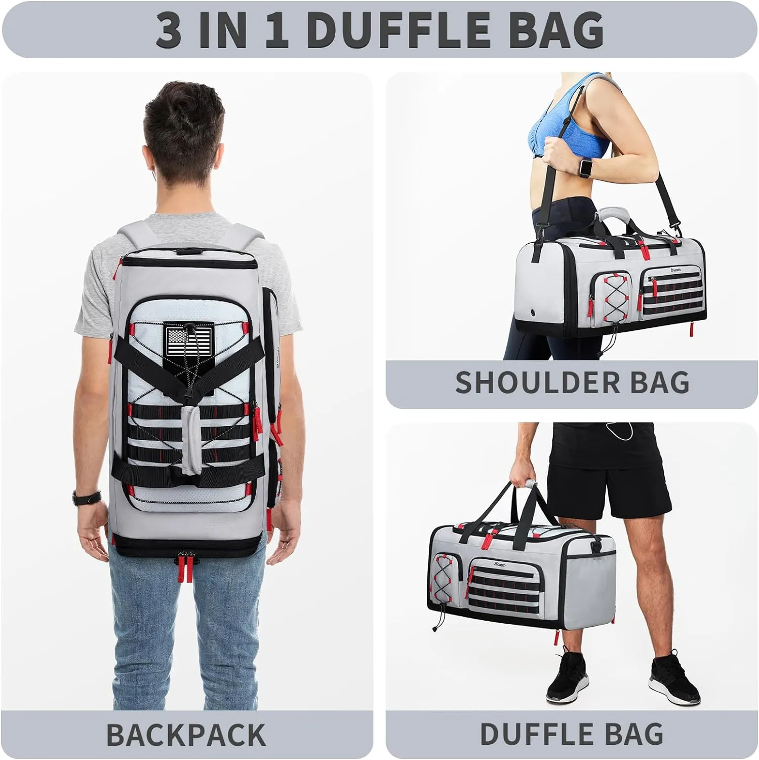 Bosstin Gym Bag for Men & Women, 45L Travel Duffle Sports Duffel Bag Gym Weekender Overnight Backpack with Shoe Compartment (Grey)