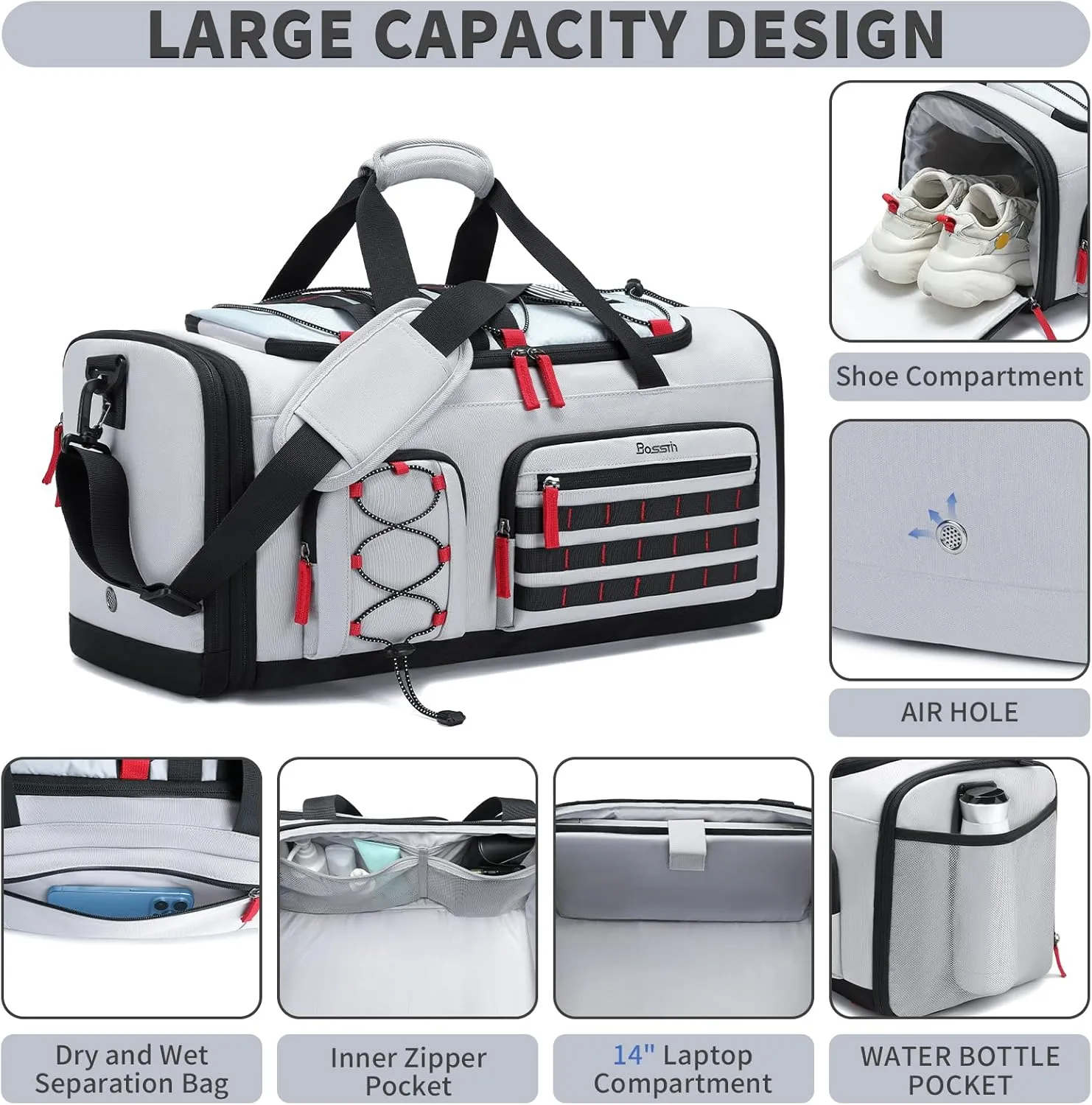 Bosstin Gym Bag for Men & Women, 45L Travel Duffle Sports Duffel Bag Gym Weekender Overnight Backpack with Shoe Compartment (Grey)