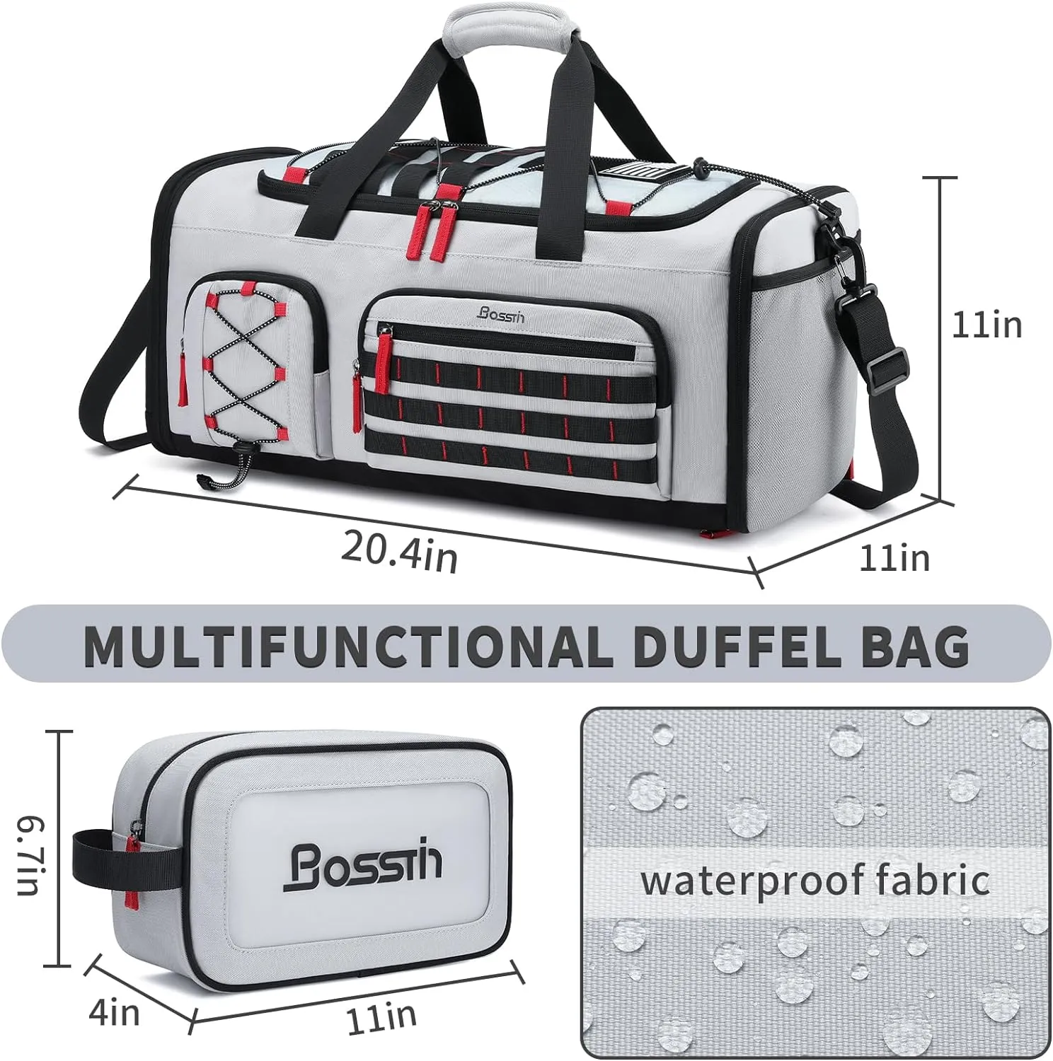 Bosstin Gym Bag for Men & Women, 45L Travel Duffle Sports Duffel Bag Gym Weekender Overnight Backpack with Shoe Compartment (Grey)