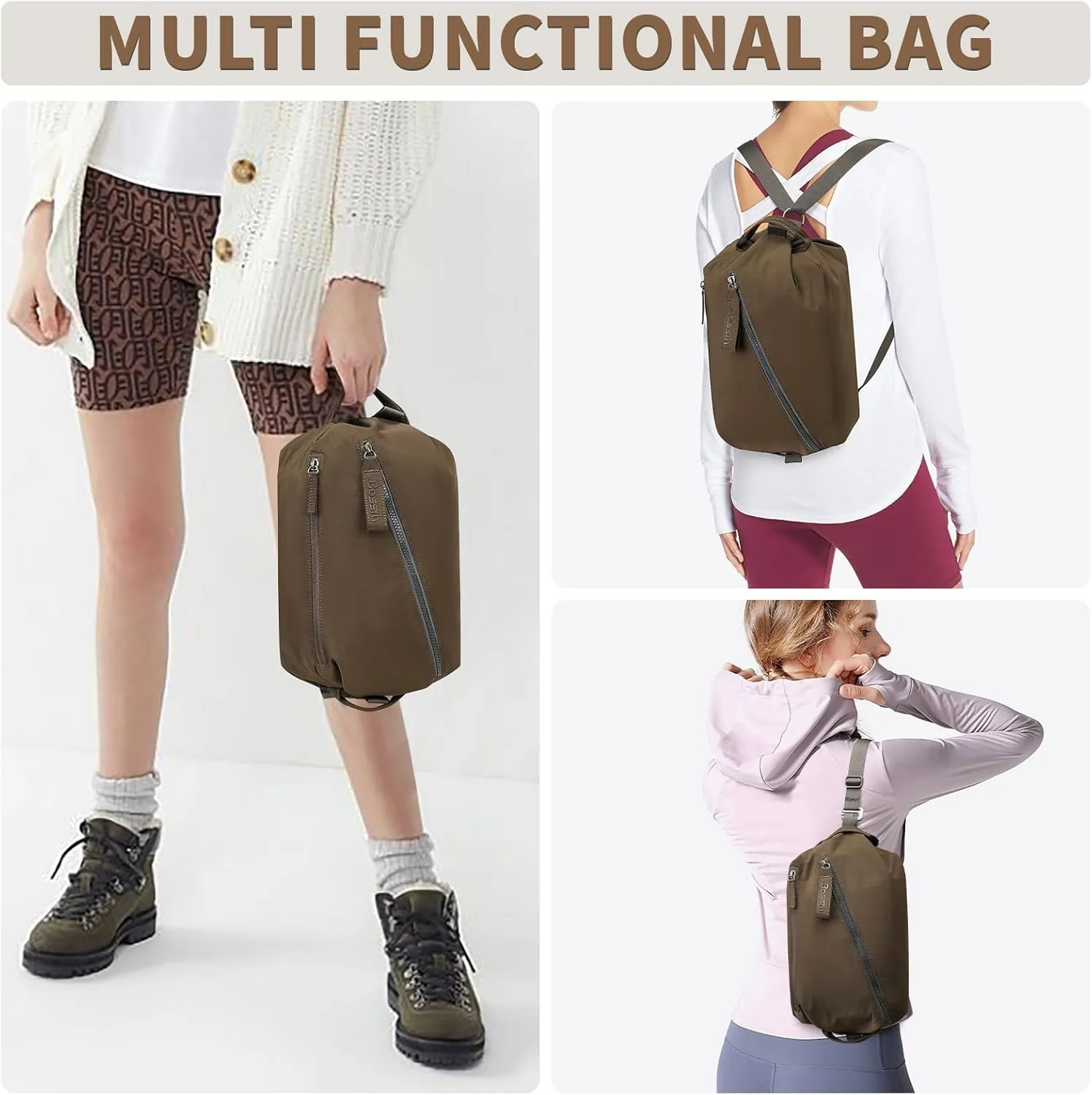 BOSSTIN Small Gym Bag for Women Men, Small Duffle Bag Crossbody Bags for Women, Lightweight Compact Sports Bag for Gym Work Fitness Travel, 3 in 1 Workout Bag-Coffee