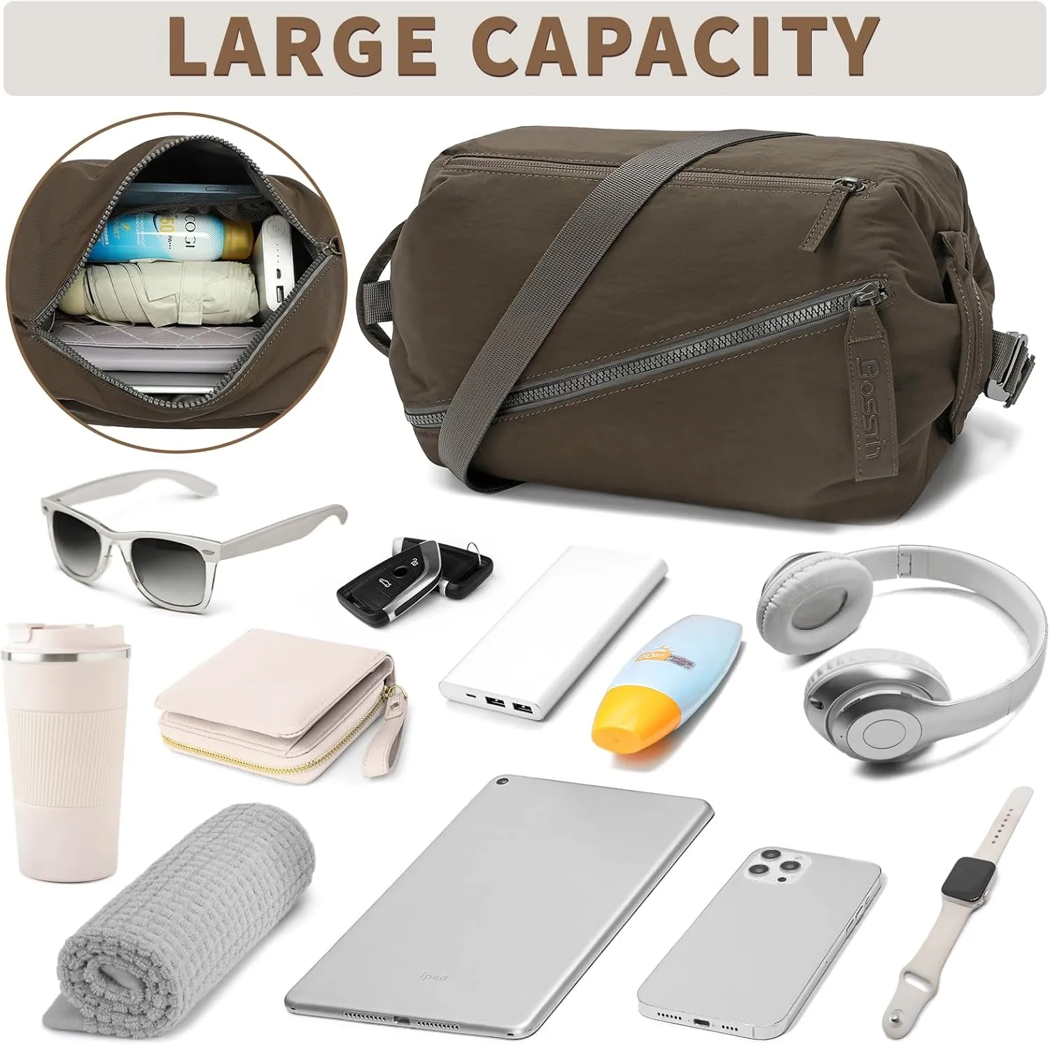BOSSTIN Small Gym Bag for Women Men, Small Duffle Bag Crossbody Bags for Women, Lightweight Compact Sports Bag for Gym Work Fitness Travel, 3 in 1 Workout Bag-Coffee
