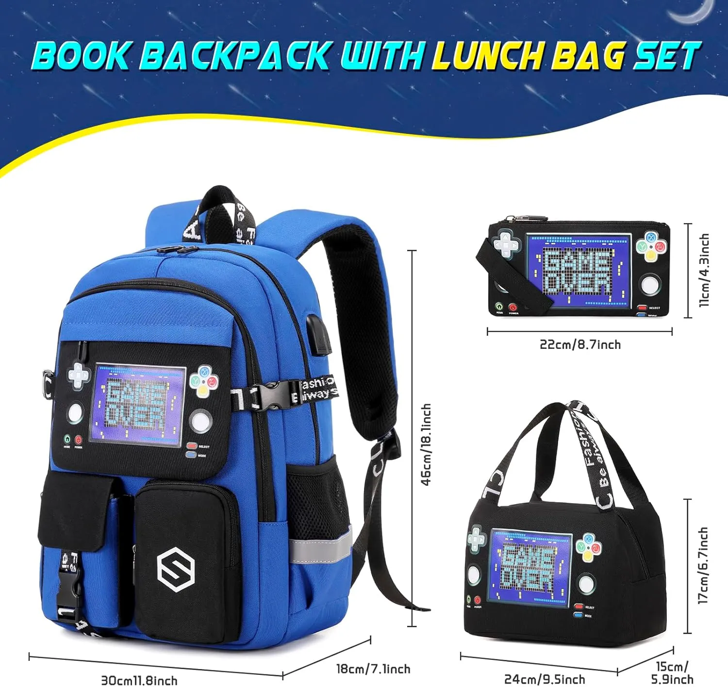 Boys Backpack, Cool Luminous School Backpacks for Boys with Lunch Bag Pencil Case, Kids Backpack Kindergarten Elementary Middle School Book Bags for Teen Boy Children with USB Charging Port