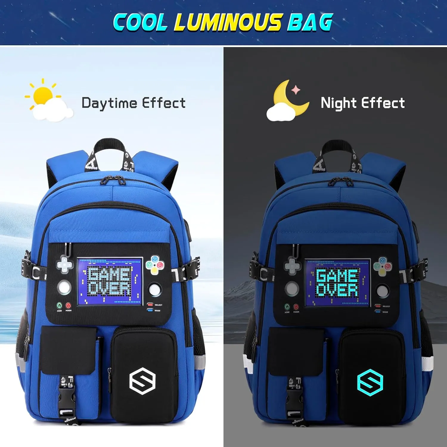 Boys Backpack, Cool Luminous School Backpacks for Boys with Lunch Bag Pencil Case, Kids Backpack Kindergarten Elementary Middle School Book Bags for Teen Boy Children with USB Charging Port