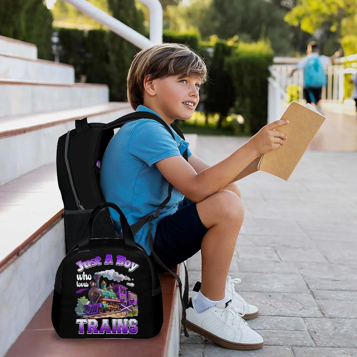 Boys Backpack with Lunch Box - Set of 3 Train School Backpacks Matching Combo Gifts for Kids Teens - Back to School Supplies Essentials for Primary Preschool Elementary