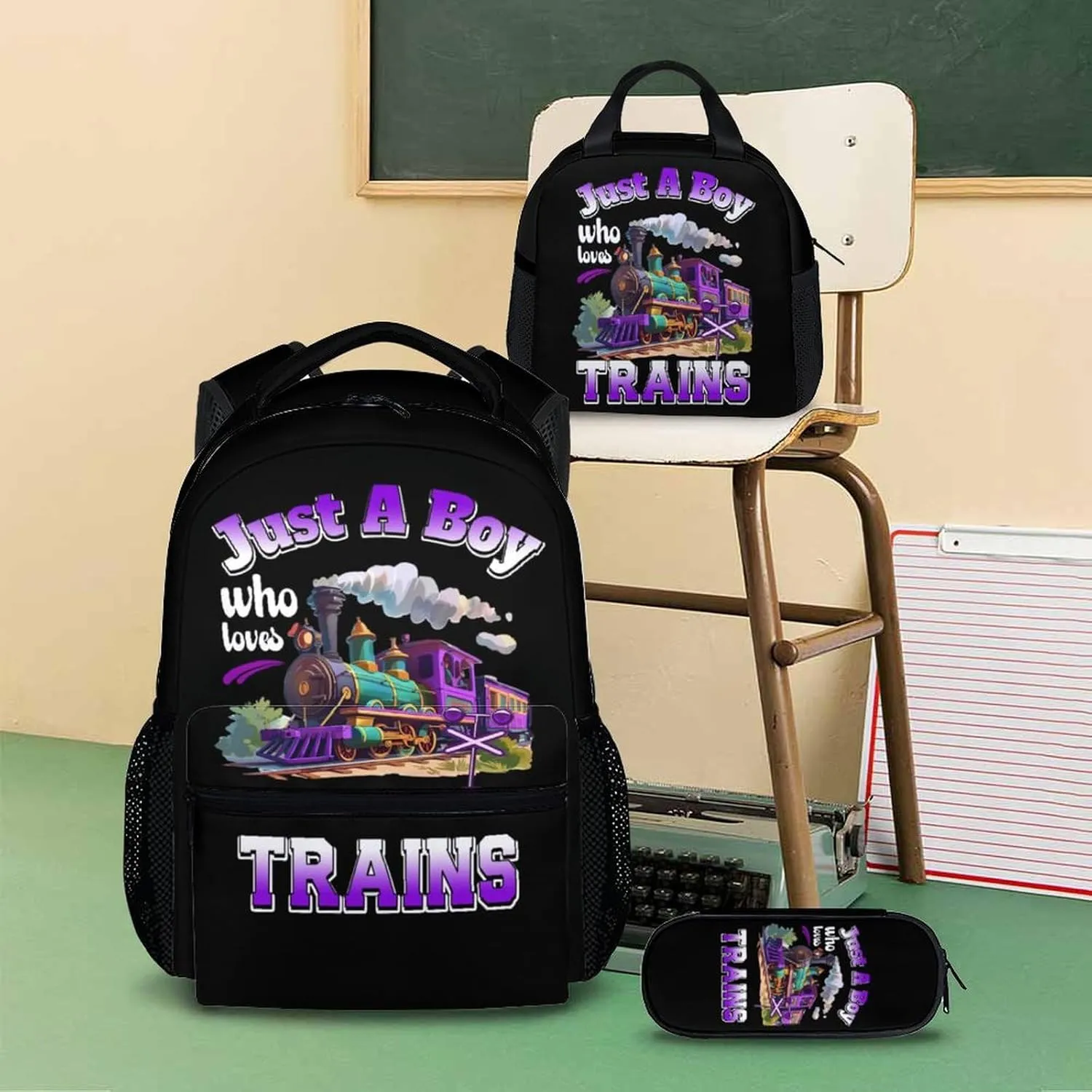 Boys Backpack with Lunch Box - Set of 3 Train School Backpacks Matching Combo Gifts for Kids Teens - Back to School Supplies Essentials for Primary Preschool Elementary