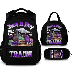 Boys Backpack with Lunch Box - Set of 3 Train School Backpacks Matching Combo Gifts for Kids Teens - Back to School Supplies Essentials for Primary Preschool Elementary