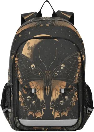 Boys Girls School Bag Butterfly Skull Lunar Night Large Capacity Travel Backpack with Chest Strap