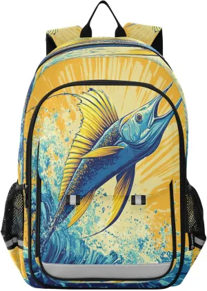 Boys Girls School Bag Sea Fish Sailfish Graphic Large Capacity Travel Backpack with Chest Strap