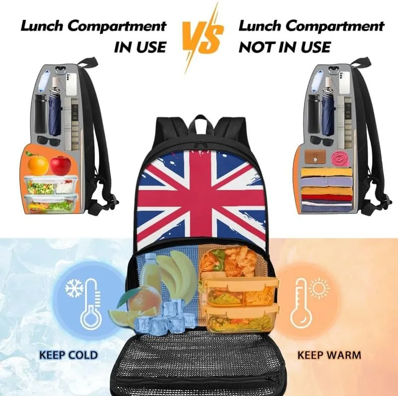 British Flag 2 in 1 Insulated Cooler Lunch Backpack Union Jack Meal Prep Lunch Backpack for Student, Adult Blue Red Splash Art Lunch Box Laptop Backpacks