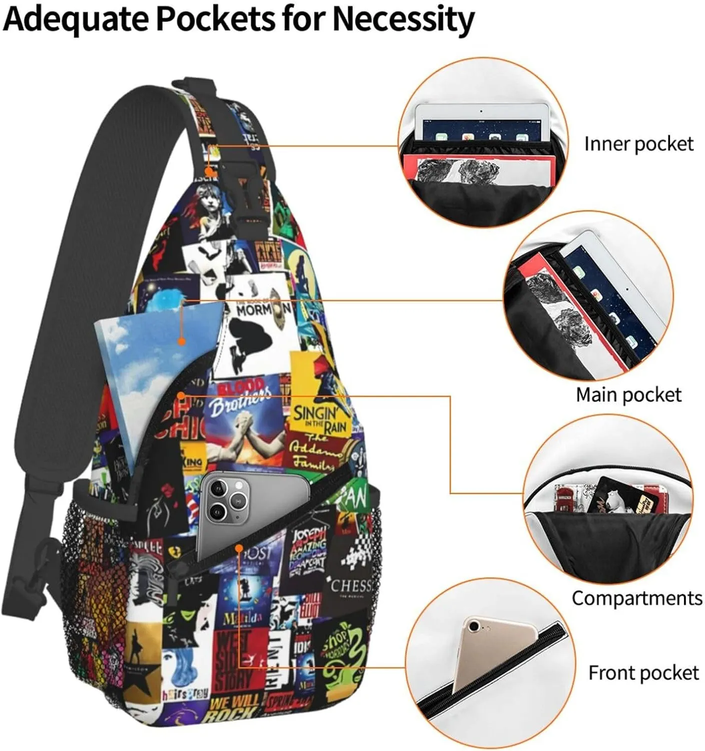 Broadway Musical Sling Backpack Crossbody Sling Bag, Shoulder Bags Chest Bag Daypack Fanny Pack Cross Body Bag For Women Men