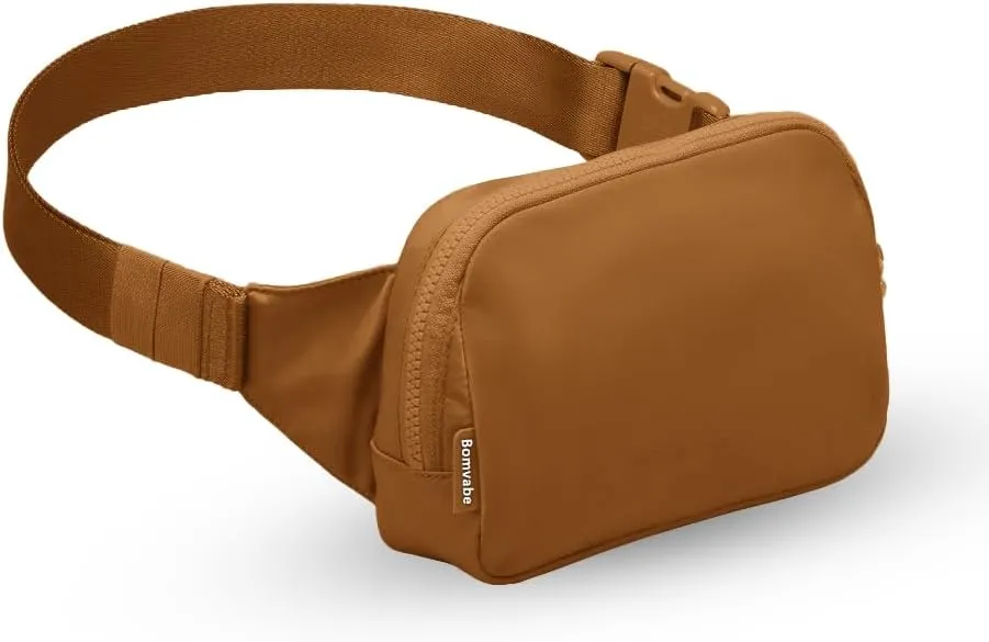 Brown Fanny Pack 1L for Women with 2-way Zipper, Small Belt Bag with Adjustable Strap 53", Fashion Waist Bag with Multiple Pockets, Crossbody Bag for Travel Gym Running Hiking Cycling