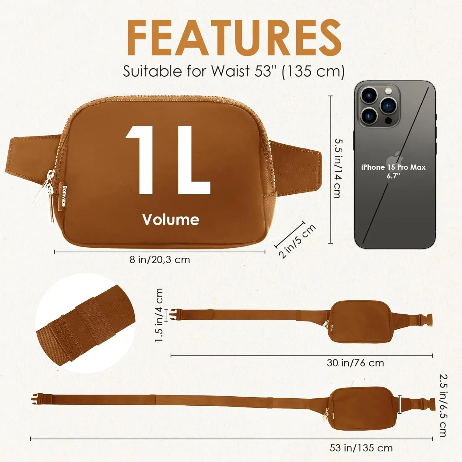 Brown Fanny Pack 1L for Women with 2-way Zipper, Small Belt Bag with Adjustable Strap 53", Fashion Waist Bag with Multiple Pockets, Crossbody Bag for Travel Gym Running Hiking Cycling