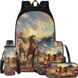Brown Horse Backpack for Boys Kids Backpack with Lunch Box Water Bottle Holder and Aesthetic Pencil Case 4PCS Set 4th 5th 6th Grade Cute Bookbag 17 inch Kawaii School Bag